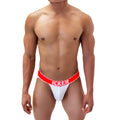 White mesh athletic brief with bold red waistband and icker branding from icker sea mesh contrast jock strap underwear