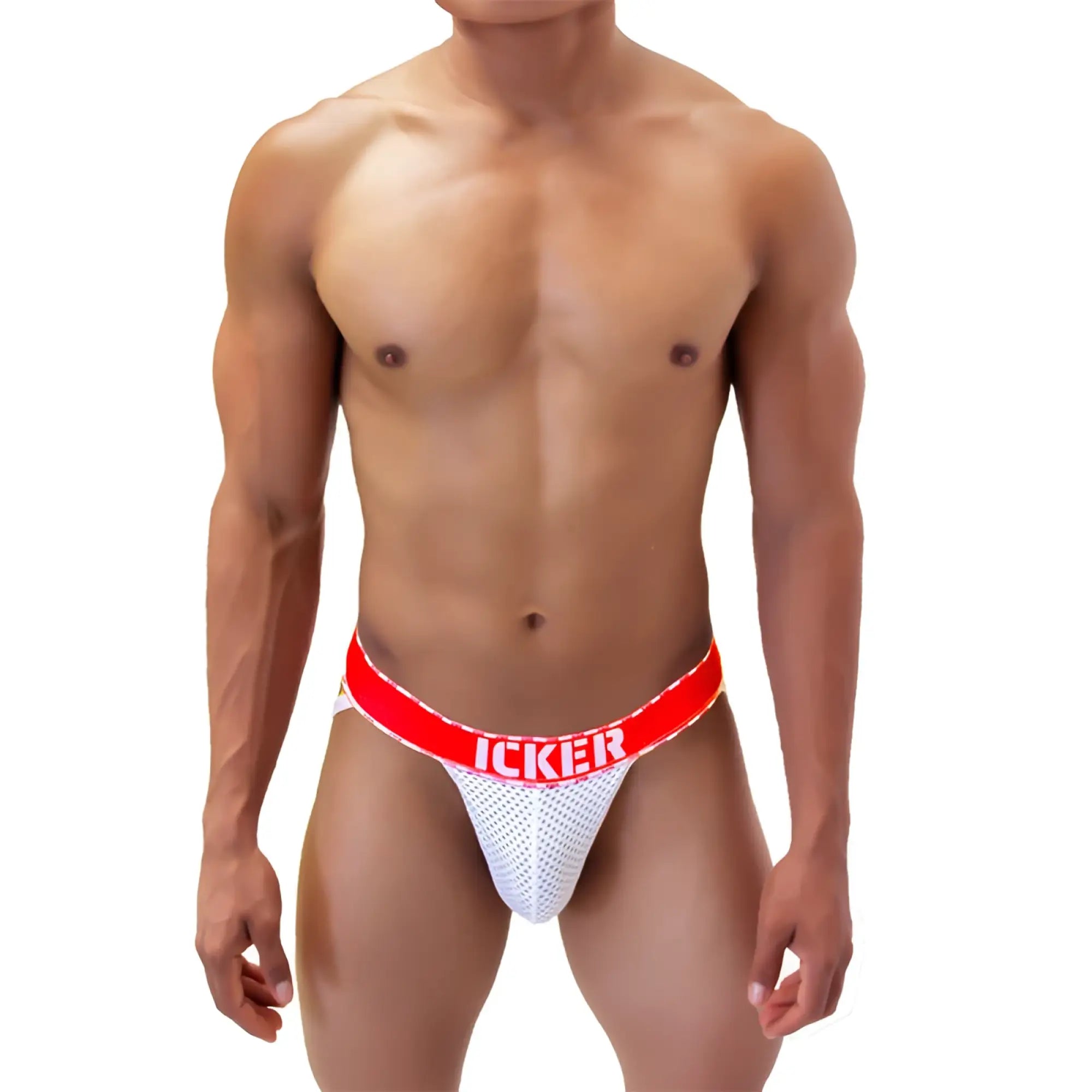 White mesh athletic brief with bold red waistband and icker branding from icker sea mesh contrast jock strap underwear