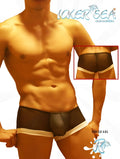 Icker Sea mesh contrast trim mini boxer briefs in black with white trim and a black leather-like pouch front panel