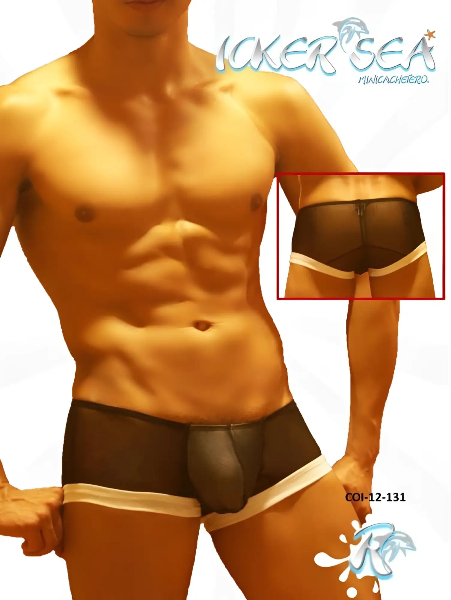 Icker Sea mesh contrast trim mini boxer briefs in black with white trim and a black leather-like pouch front panel