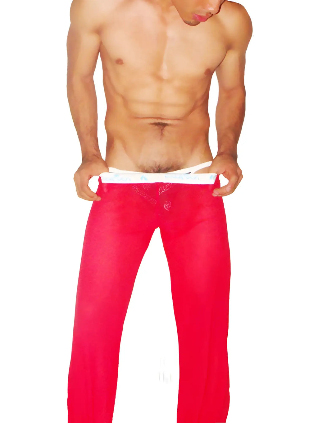 Icker Sea mesh lougewear pants in bright red sheer fabric with a white waistband for comfortable wear
