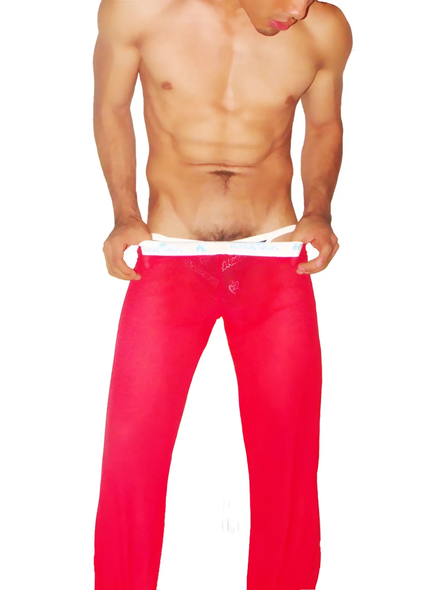 Icker Sea mesh lougewear pants in bright red sheer fabric with a white waistband for comfortable wear