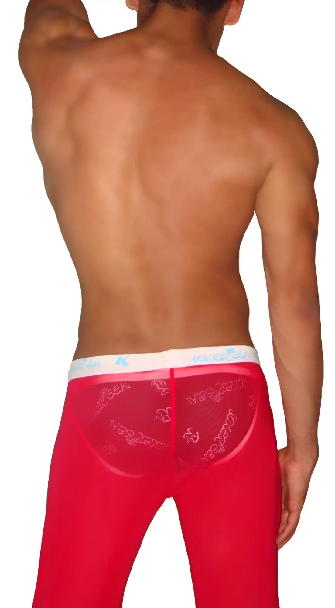 Red sheer mesh lougewear pants with white waistband and light blue logo pattern by Icker Sea PN-14-SBR-01