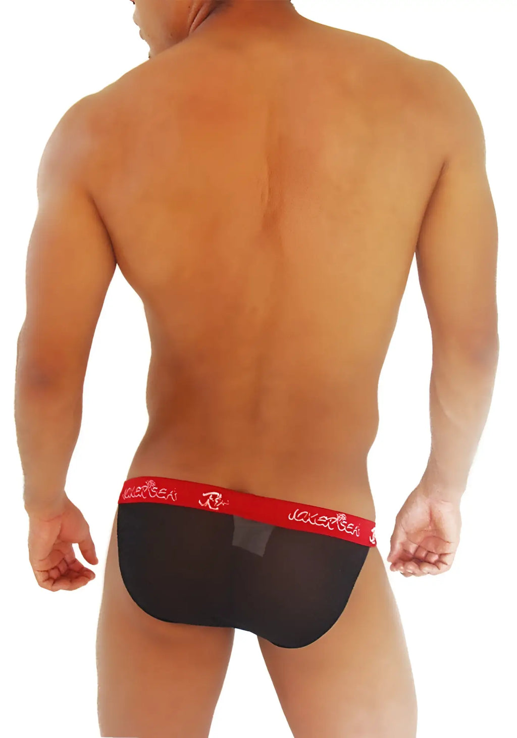Icker Sea mesh microslip bikini underwear in black with red waistband and white jacketeer branding