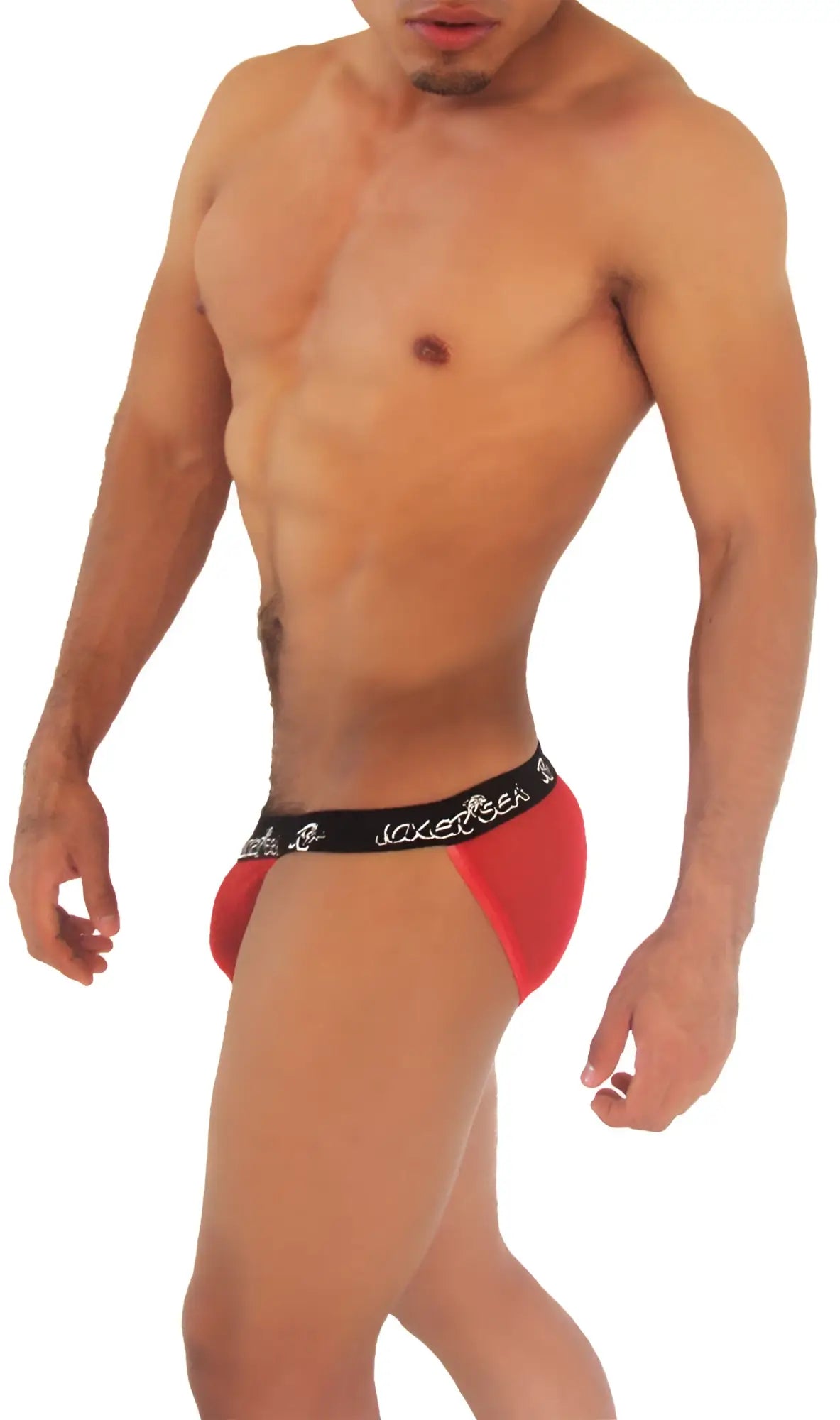 Red men’s mesh microslip bikini underwear with black waistband white lettering and decorative patterns product coi-14-07