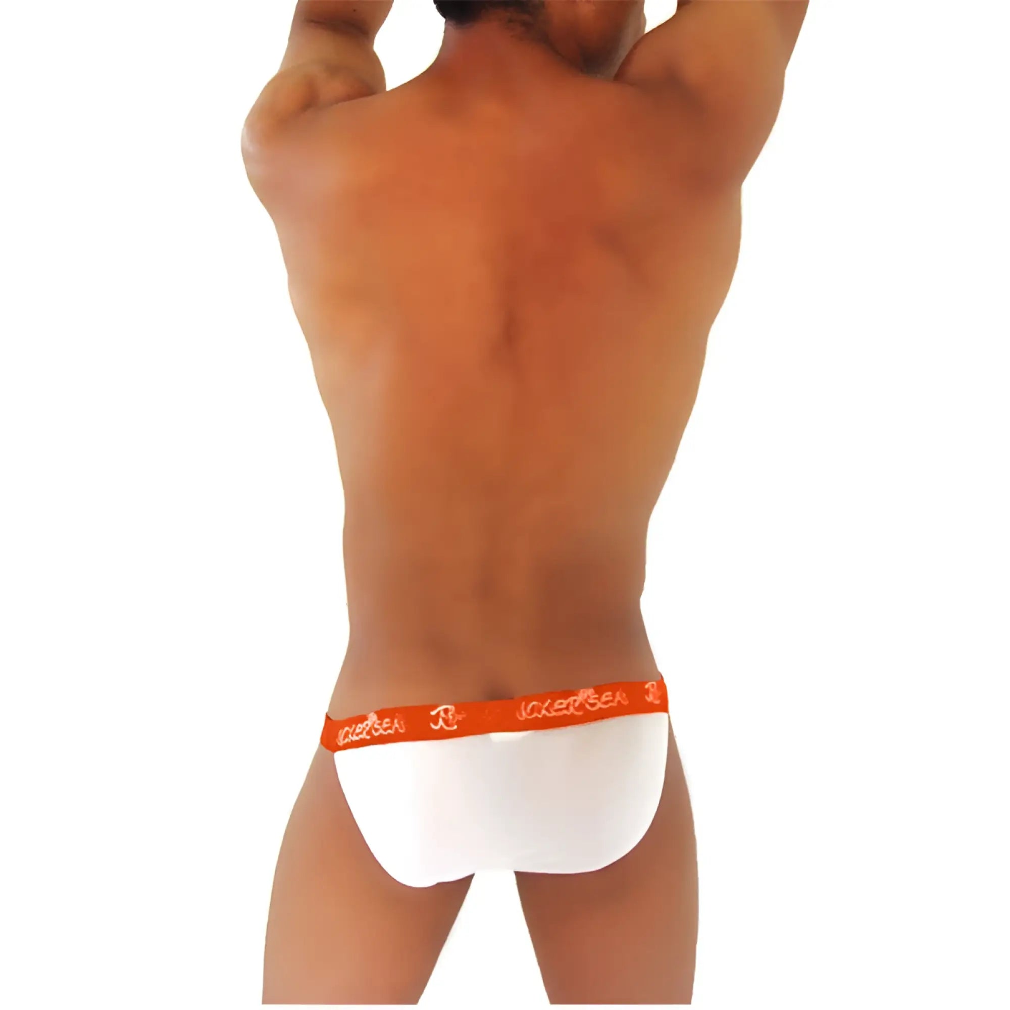 White icker sea mesh microslip bikini underwear with orange waistband and sakersea logo in white lettering
