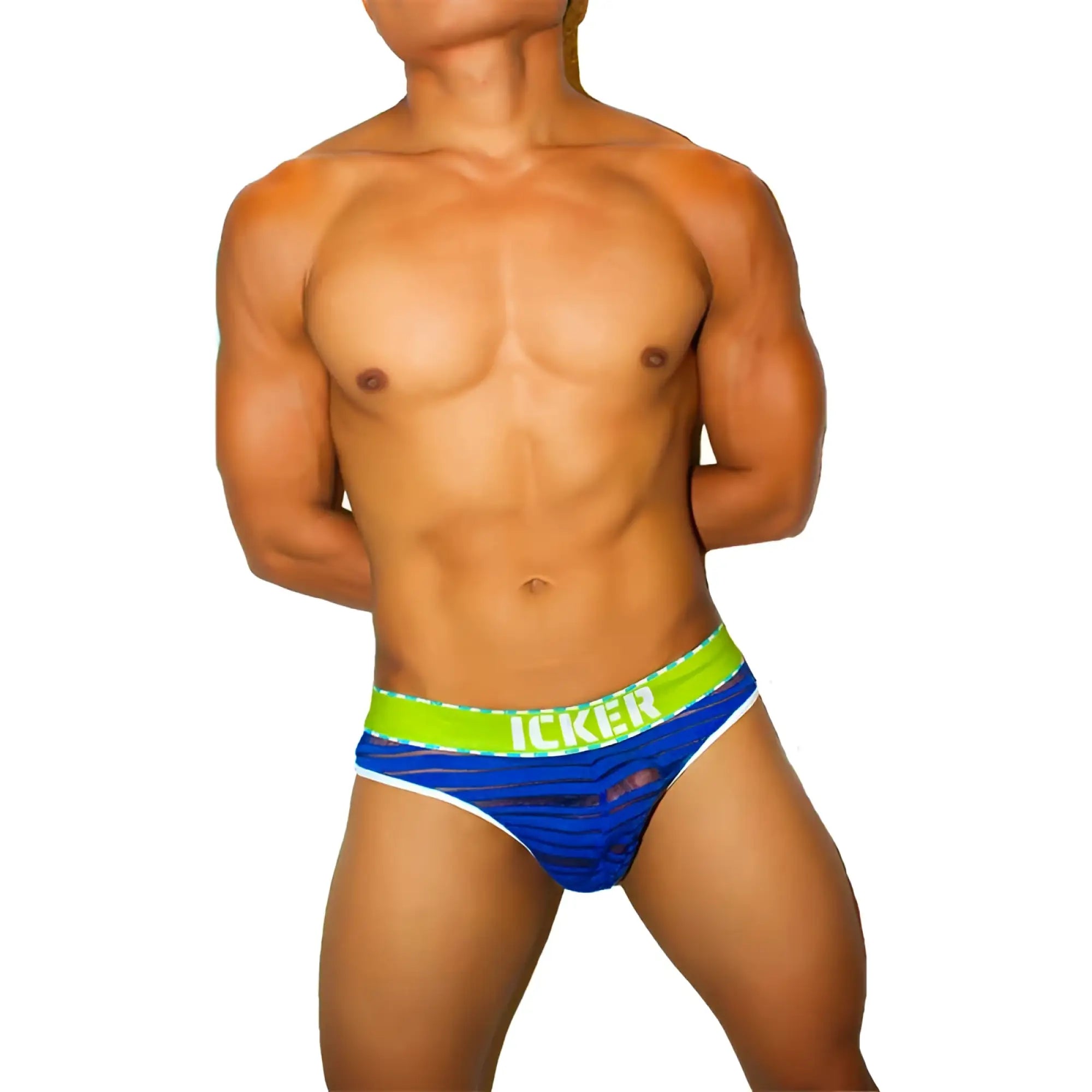 Blue and neon green striped icker sea mesh stripe thong underwear with white trim and branded waistband