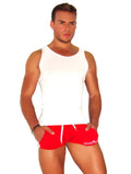 Red athletic shorts with white drawstrings and subtle side logo paired with icker sea mesh tank top white t shirt in breathable fabric
