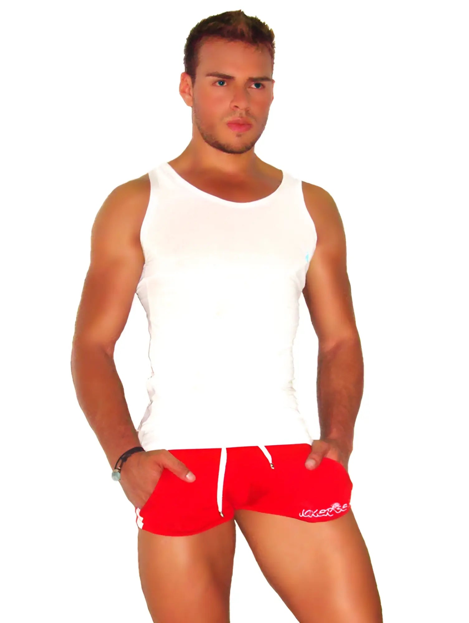 Red athletic shorts with white drawstrings and subtle side logo paired with icker sea mesh tank top white t shirt in breathable fabric