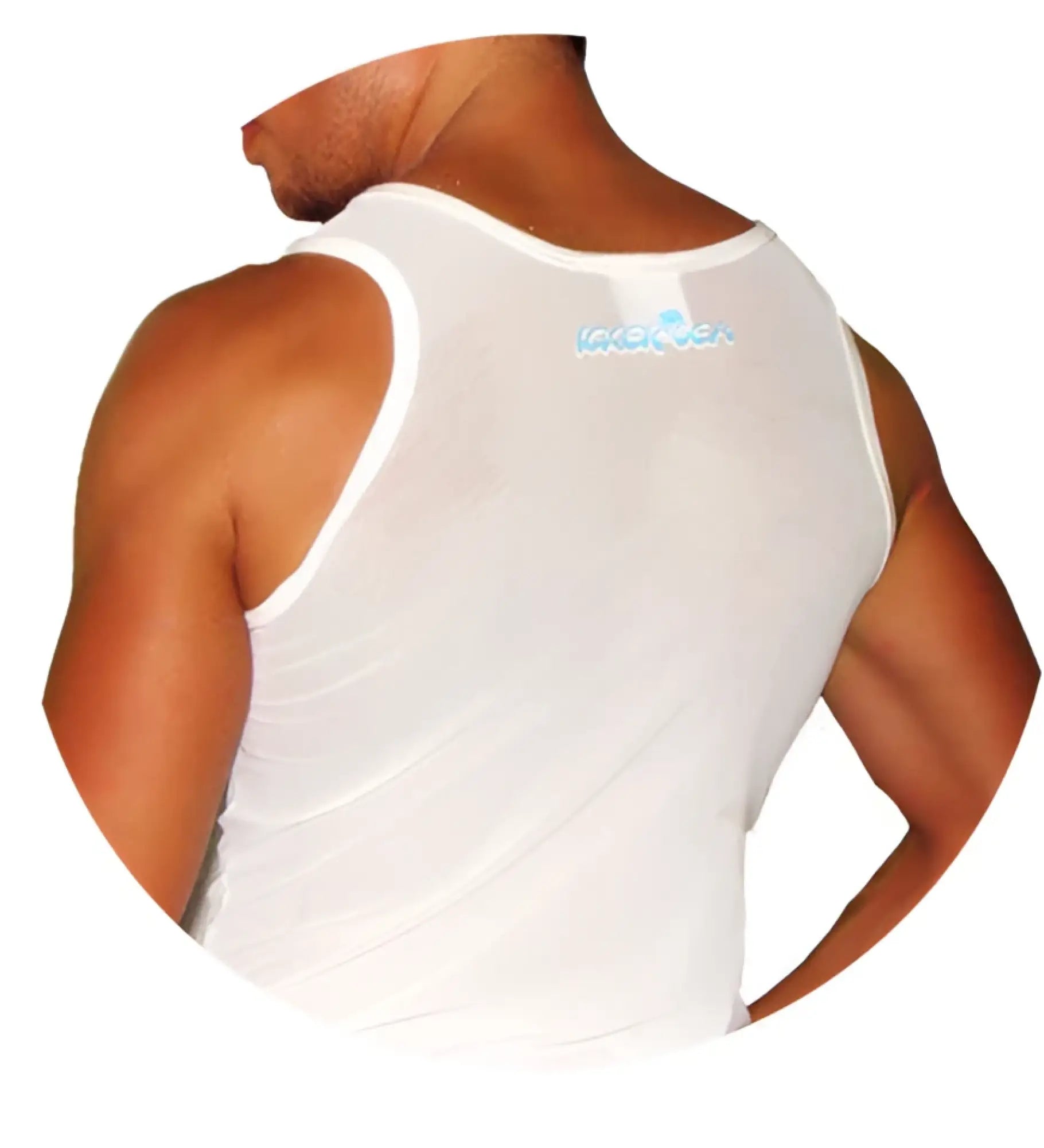 Back view of icker sea white mesh tank top with subtle blue logo made from breathable fabric