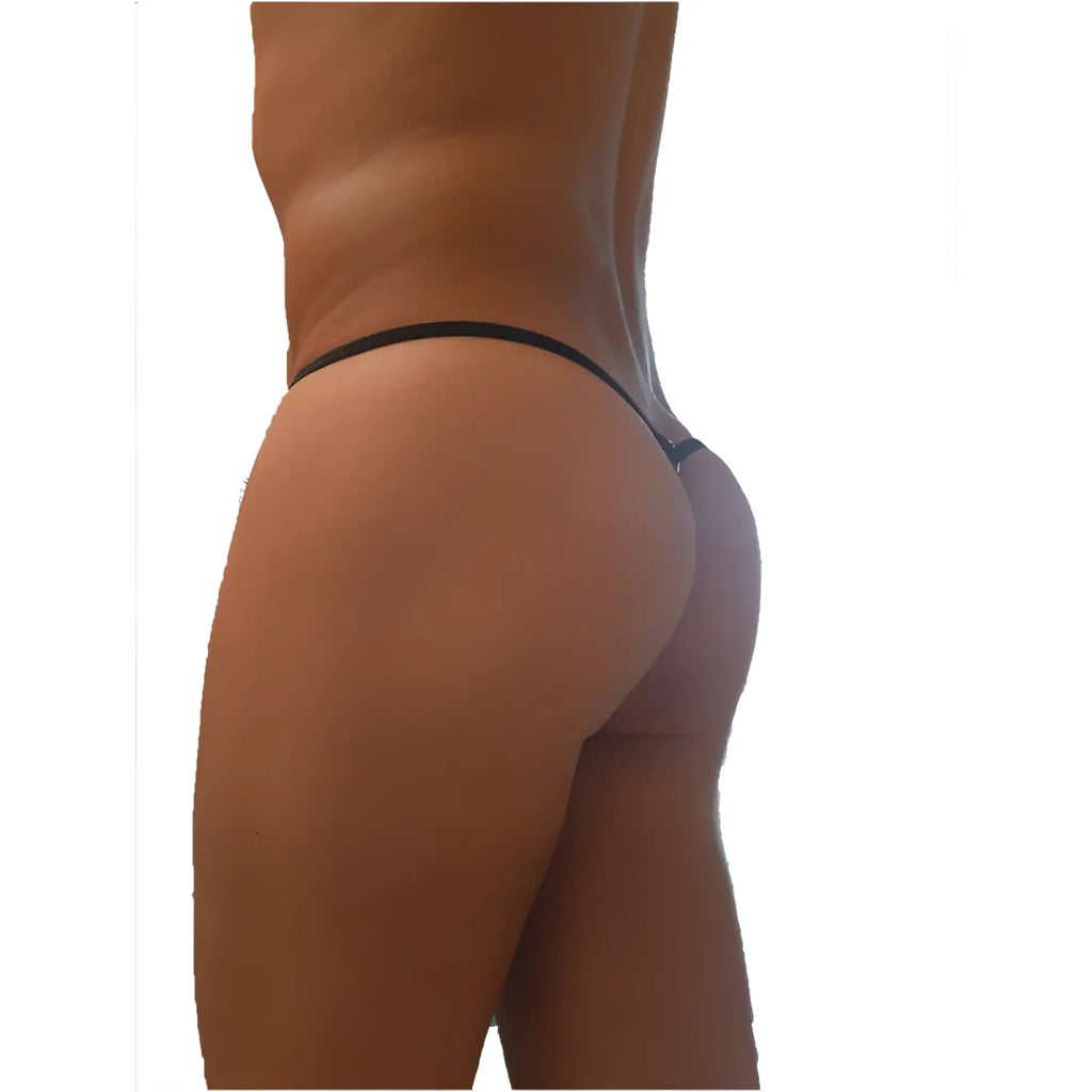 Black thong underwear with thin smooth elastic waistband and minimalistic design from Icker Sea mini ring g string collection