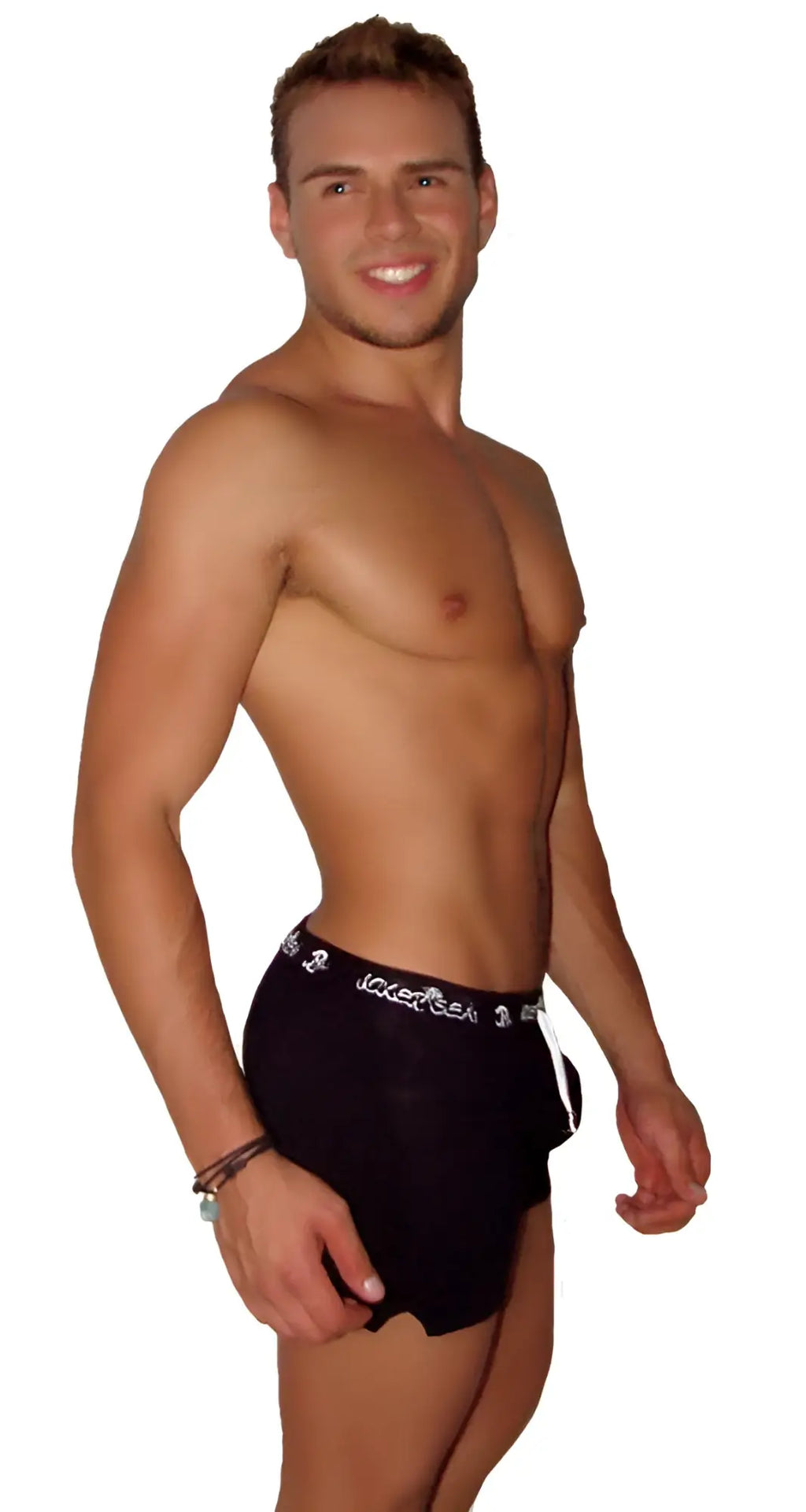 Icker Sea Runner side slit black boxer briefs with white embroidered logo and trim on waistband for men