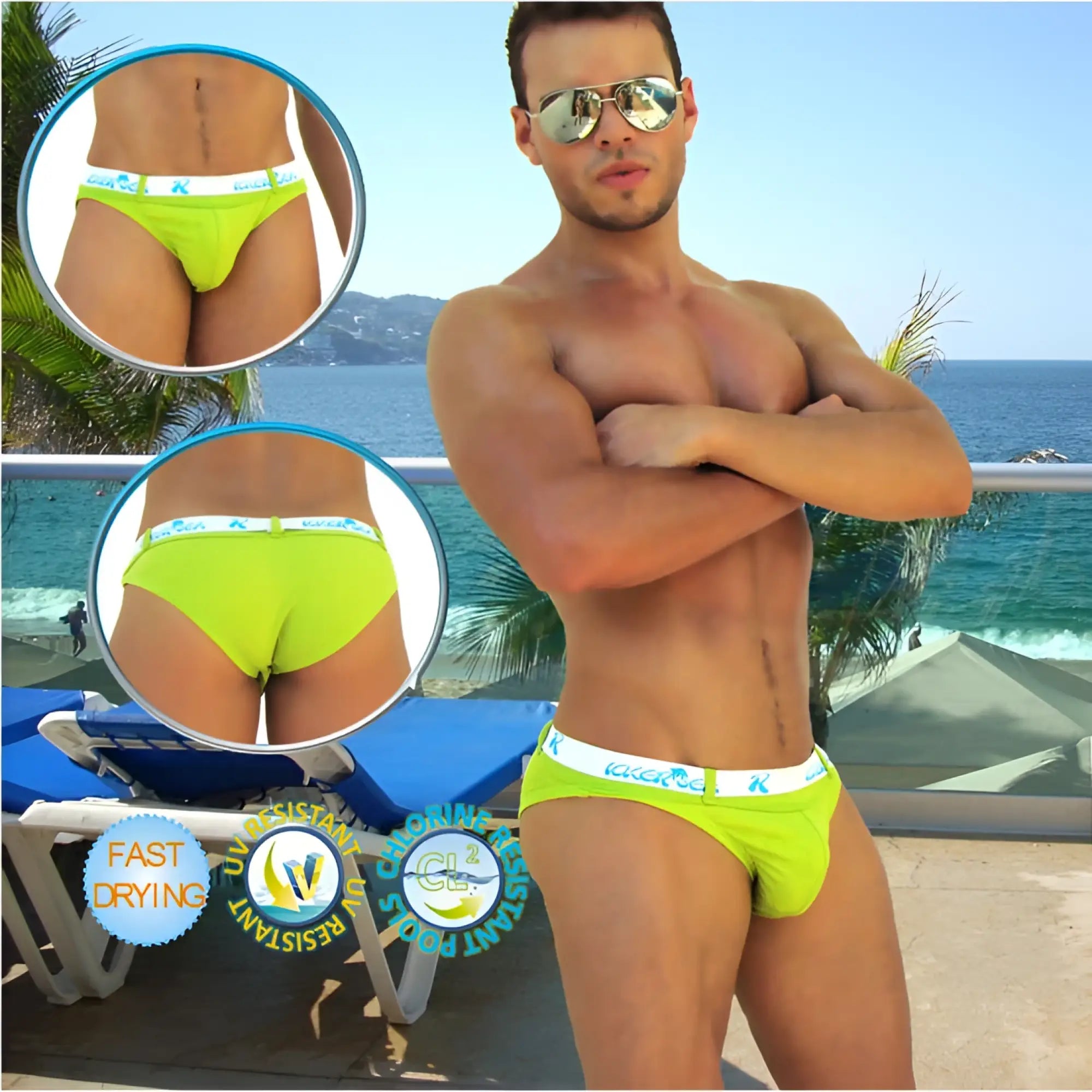 Icker sea sailor belted logo slip bikini swimwear in bright neon green with white elastic waistband and blue black branding