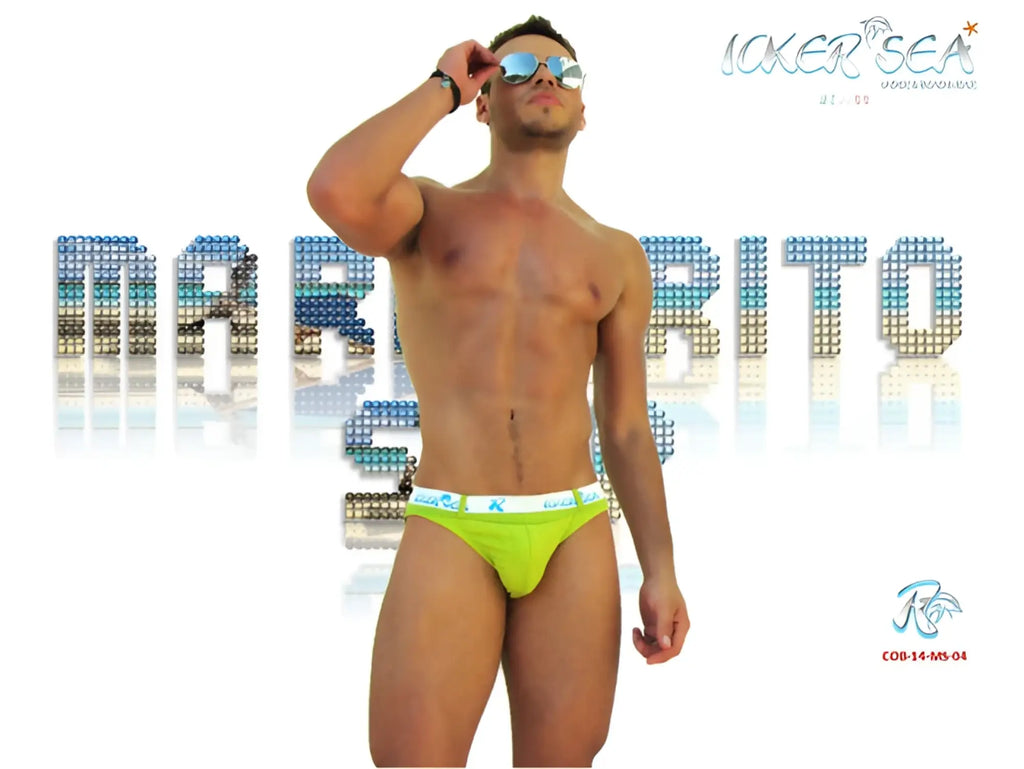 Bright neon green icker sea sailor belted logo slip bikini swimwear with white elastic waistband and subtle logo pattern