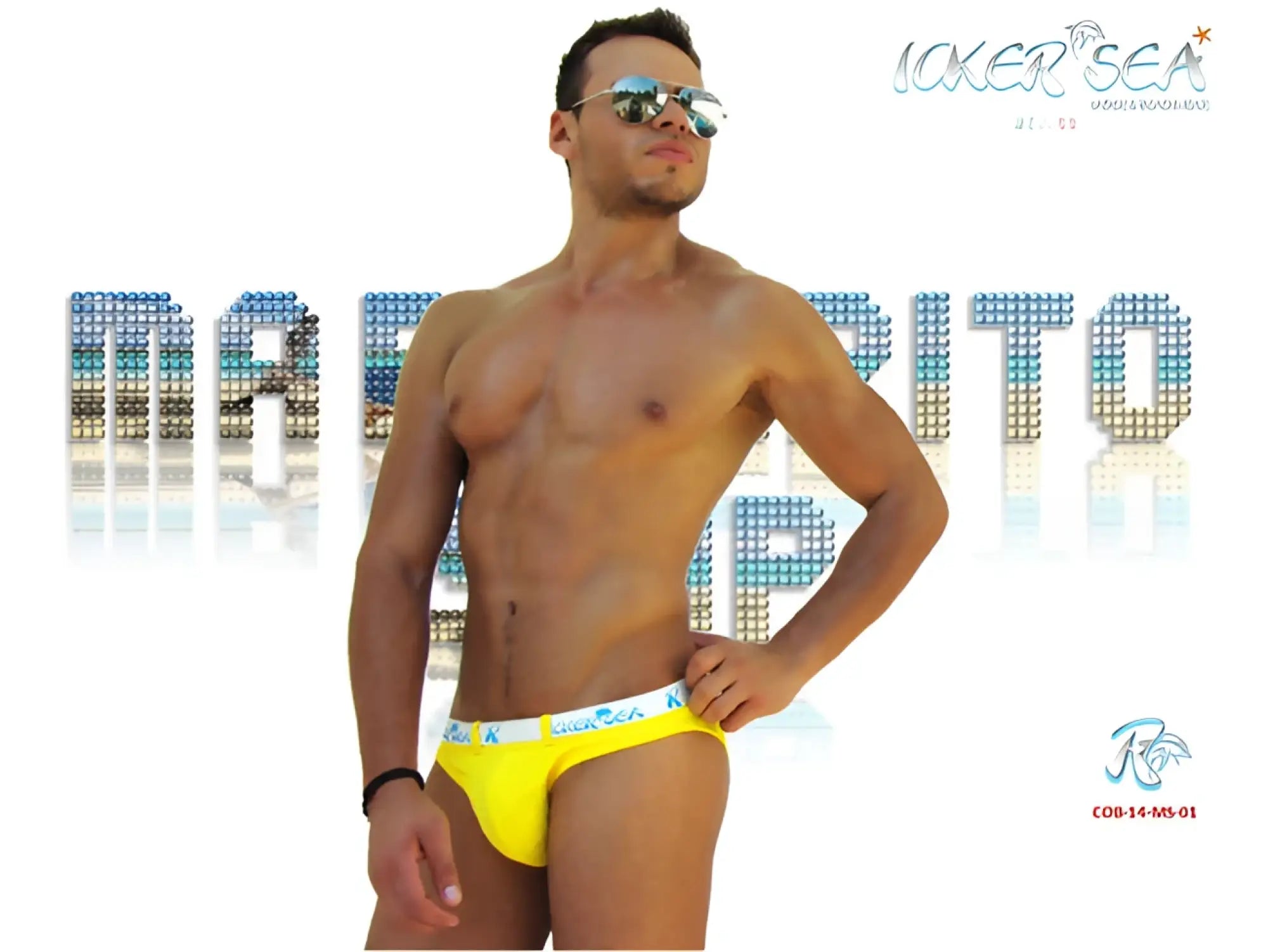 Bright yellow icker sea sailor belted logo slip bikini swimwear with white waistband for beach use