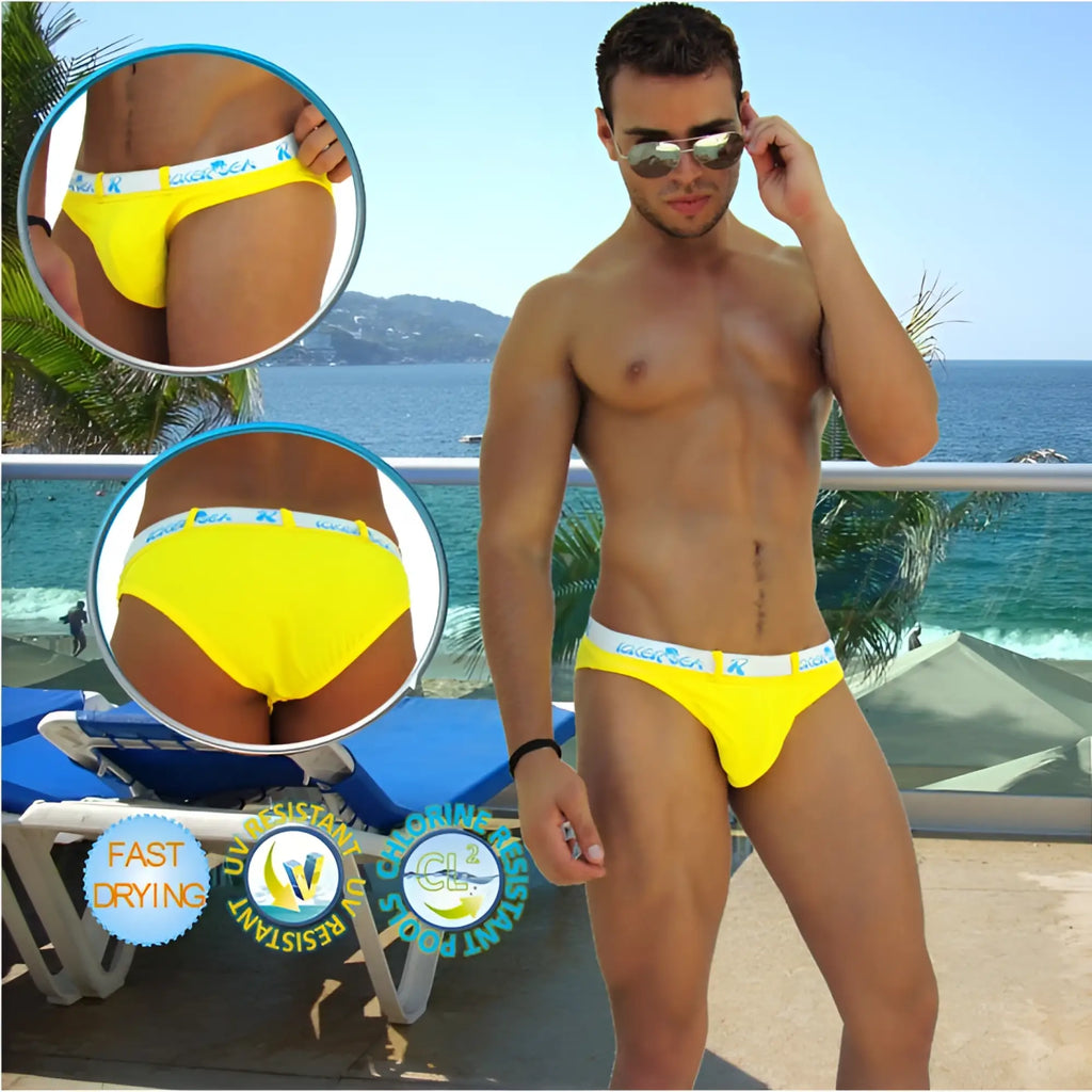 Bright yellow icker sea sailor belted logo slip bikini swimwear with white elastic waistband for beachwear