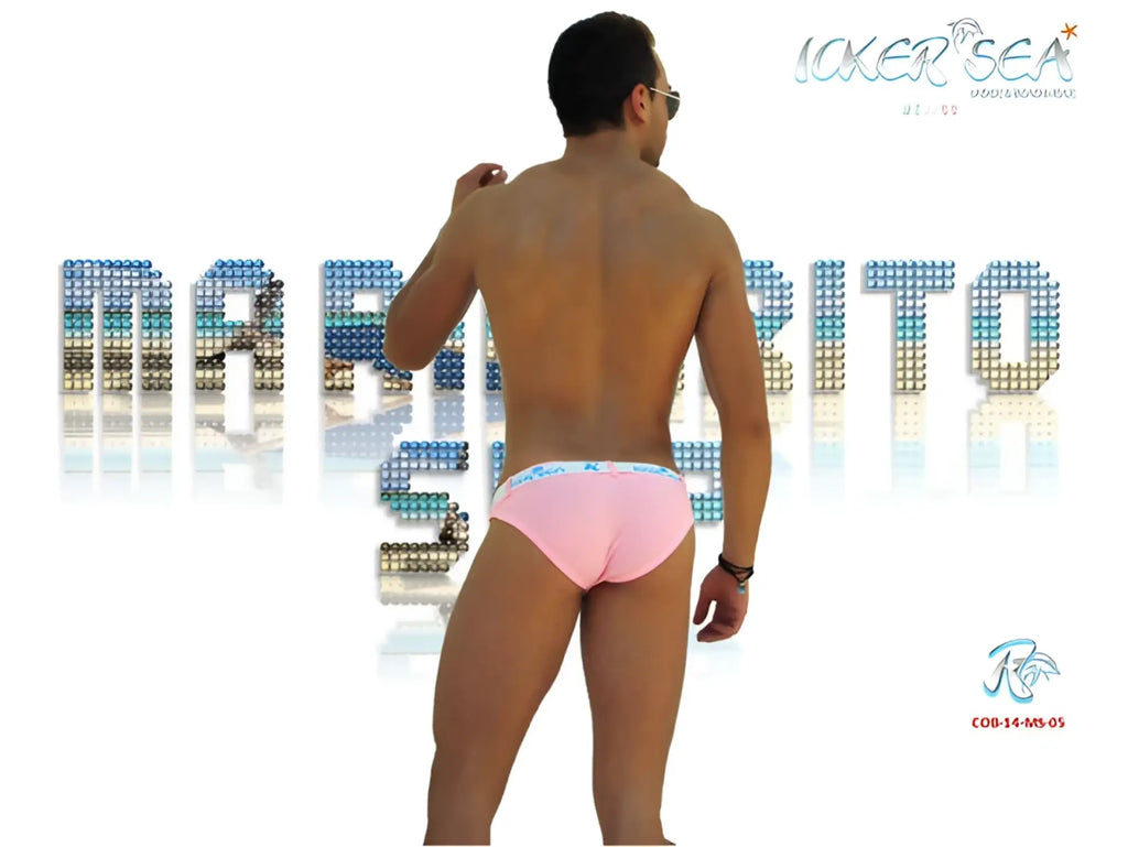 Pink briefs with white sailer belt logo waistband from icker sea branded swimwear cob 14 ms05 model