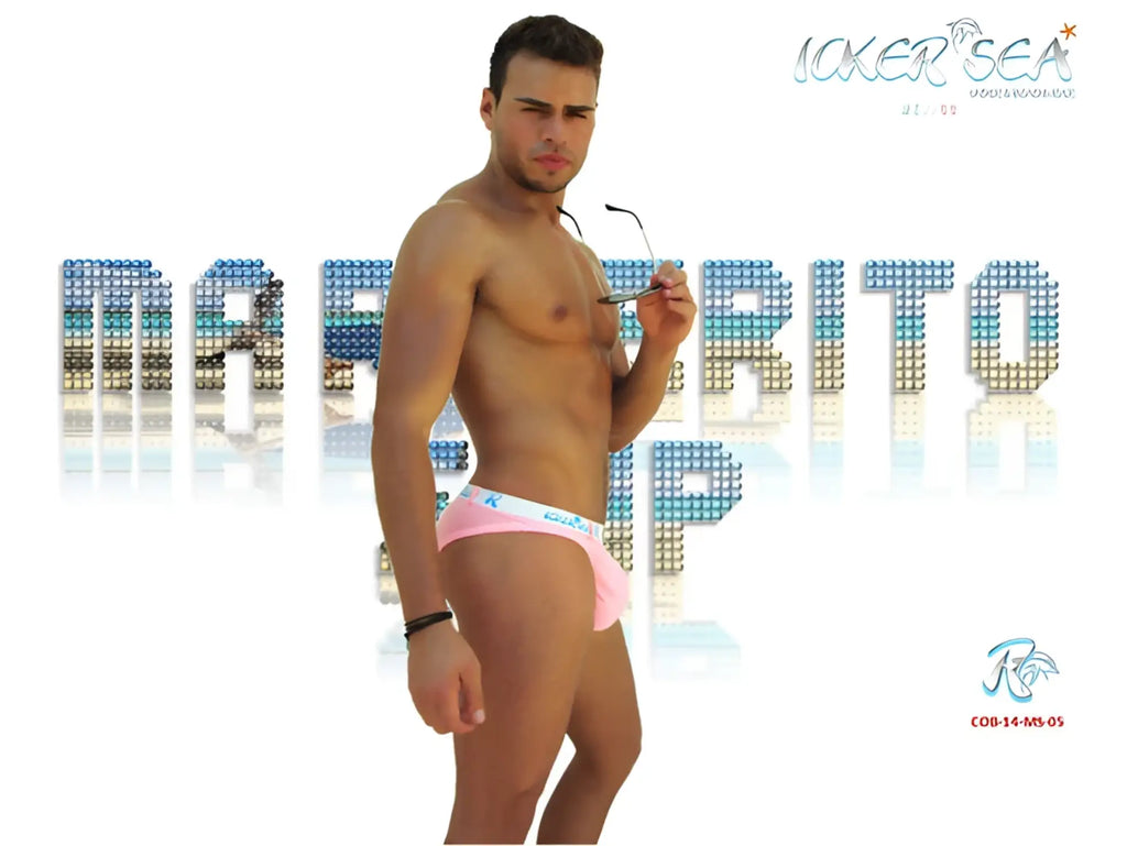 Icker Sea Sailor belt logo slip bikini swimwear in pink with white trim and small waistband logo for men