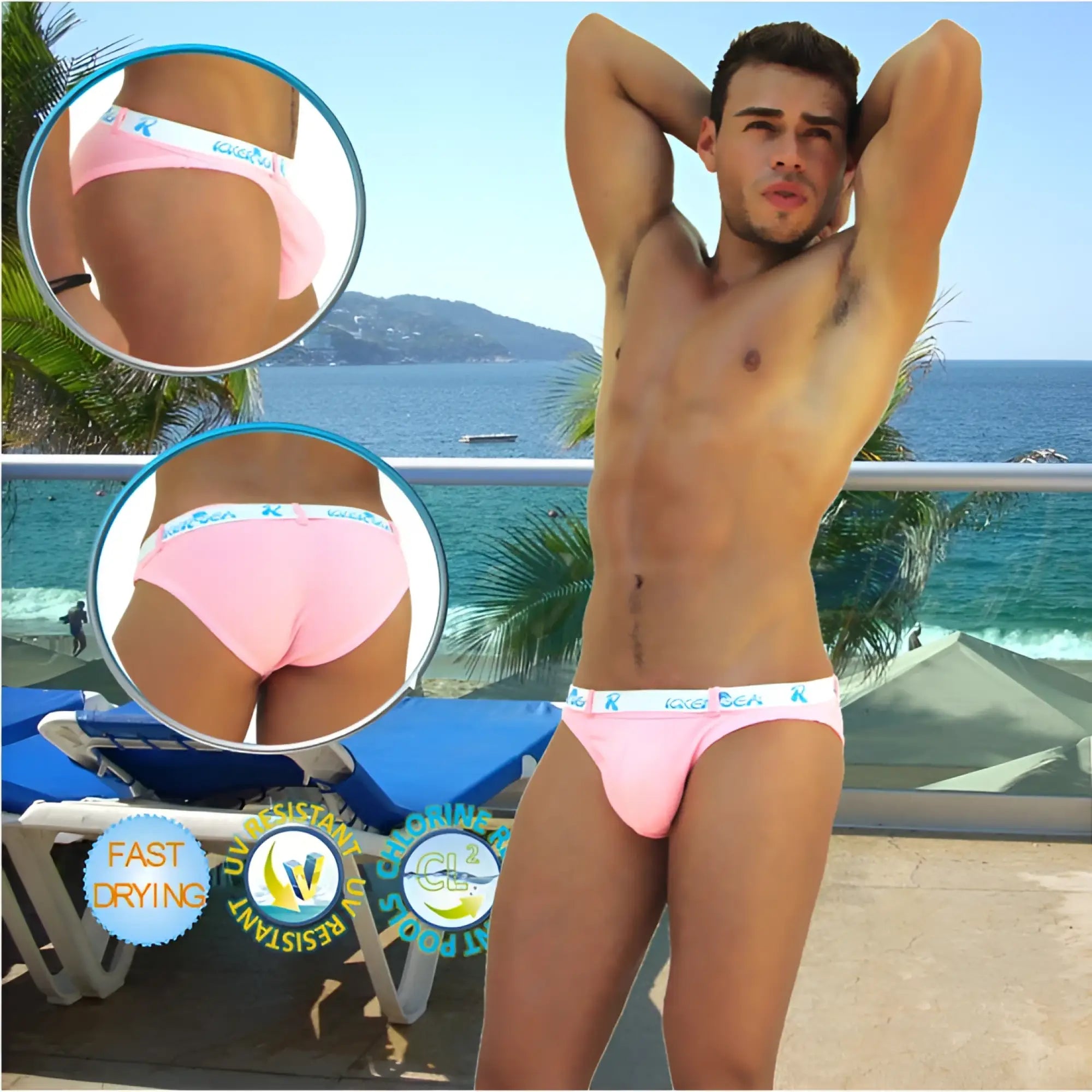 Pink icker sea sailor belted logo slip bikini swimwear briefs with white elastic k logo waistband for men