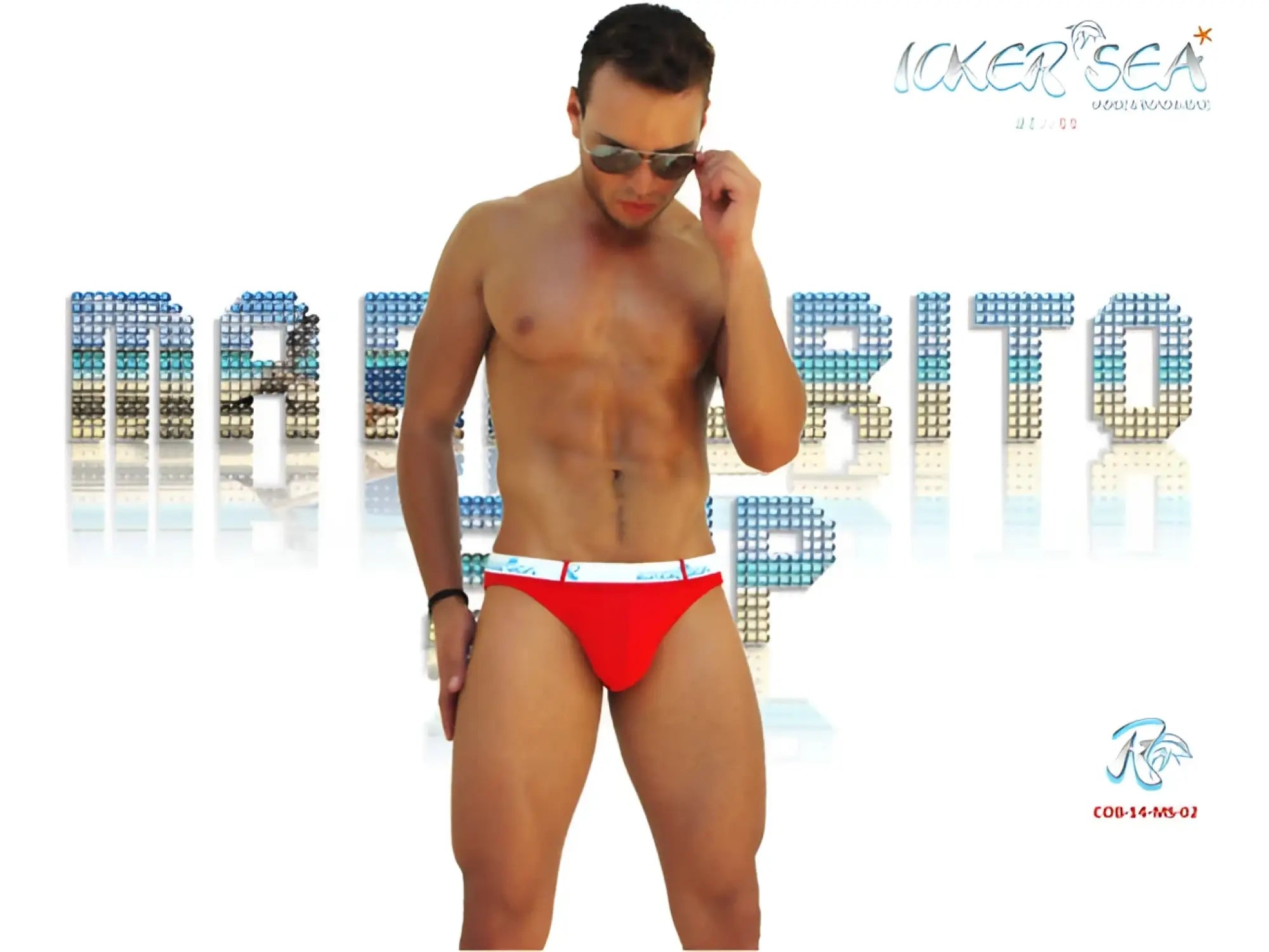 Red men’s briefs with a white waistband and small logo from icker sea sailor belted logo slip bikini swimwear red white cob 14 ms02