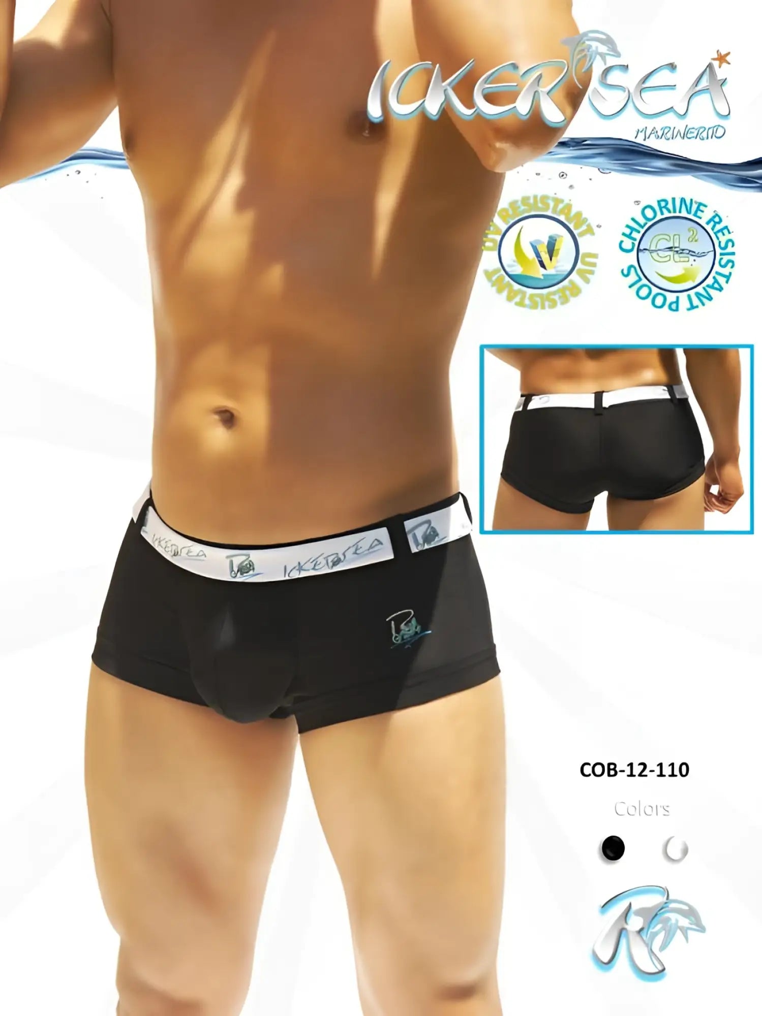 Black icker sea sailer belted logo square cut swim trunks with white waistband chlorine resistant for pool use