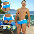 Bright blue icker sea sailor belted logo square cut swim trunks with white elastic waistband and subtle logo pattern