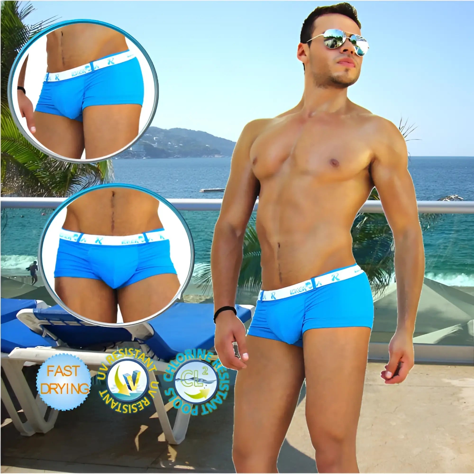 Bright blue icker sea sailor belted logo square cut swim trunks with white elastic waistband and subtle logo pattern