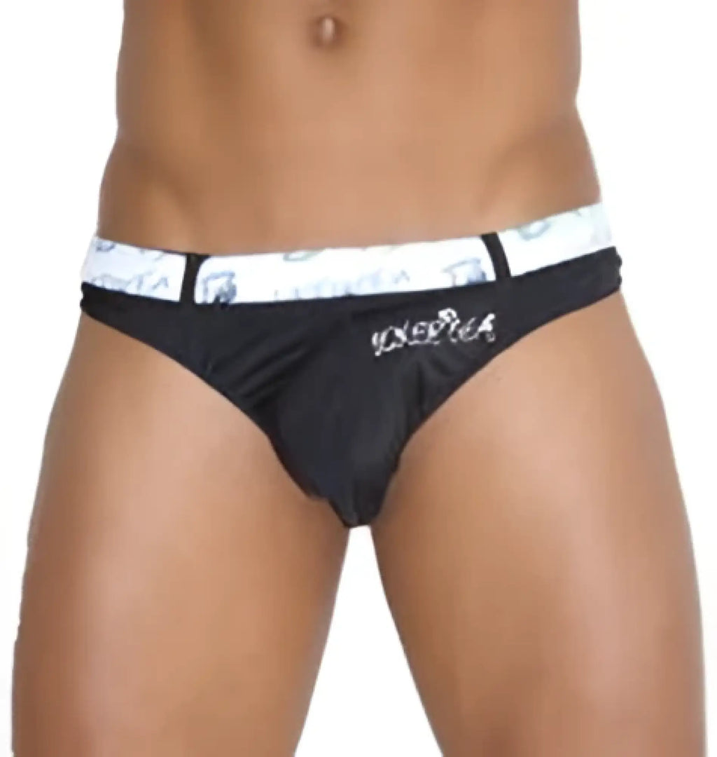 Black icker sea sailor belted logo tanga thong swimwear with white waistband featuring knocka branding