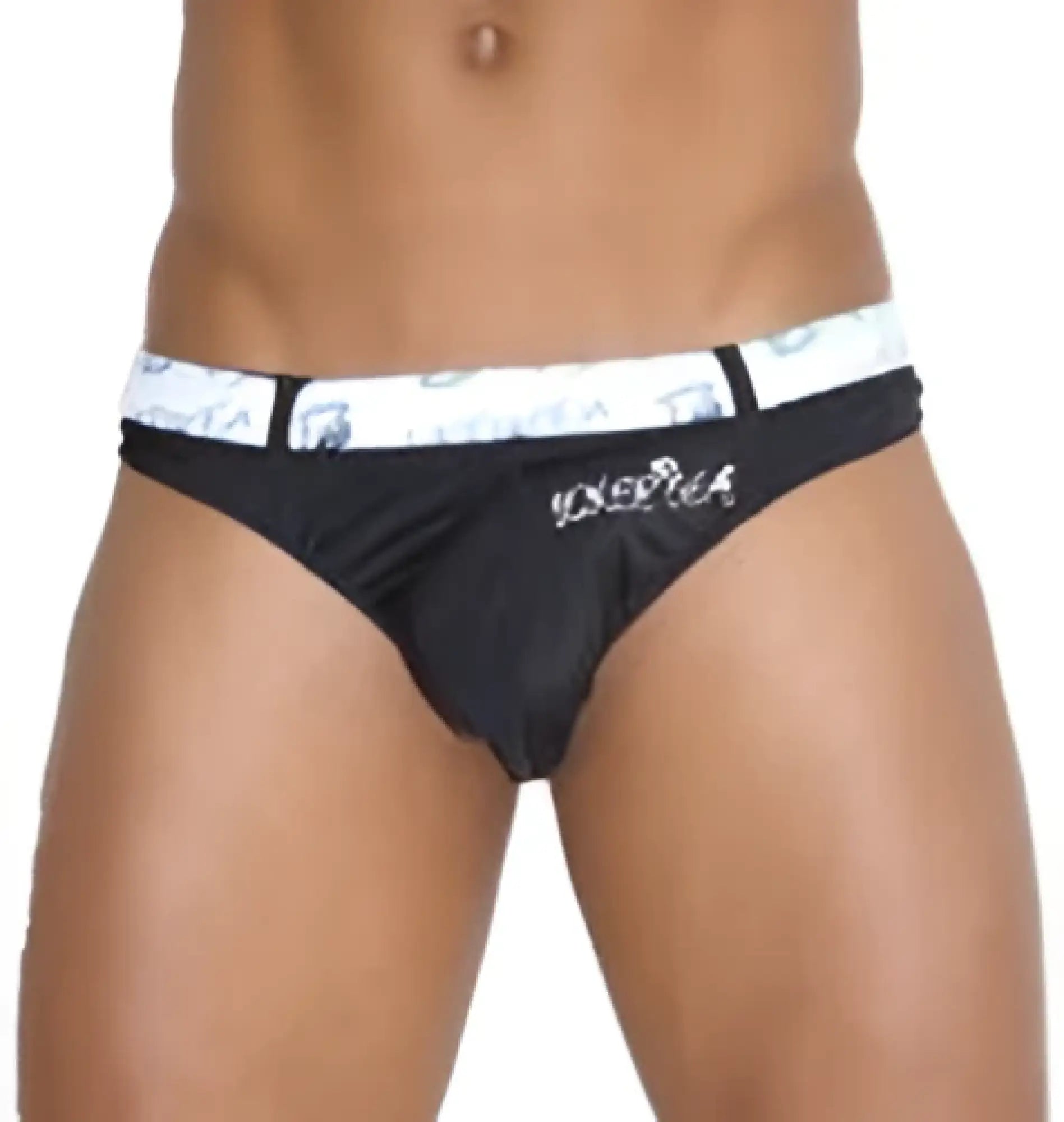 Black icker sea sailor belted logo tanga thong swimwear with white waistband featuring knocka branding