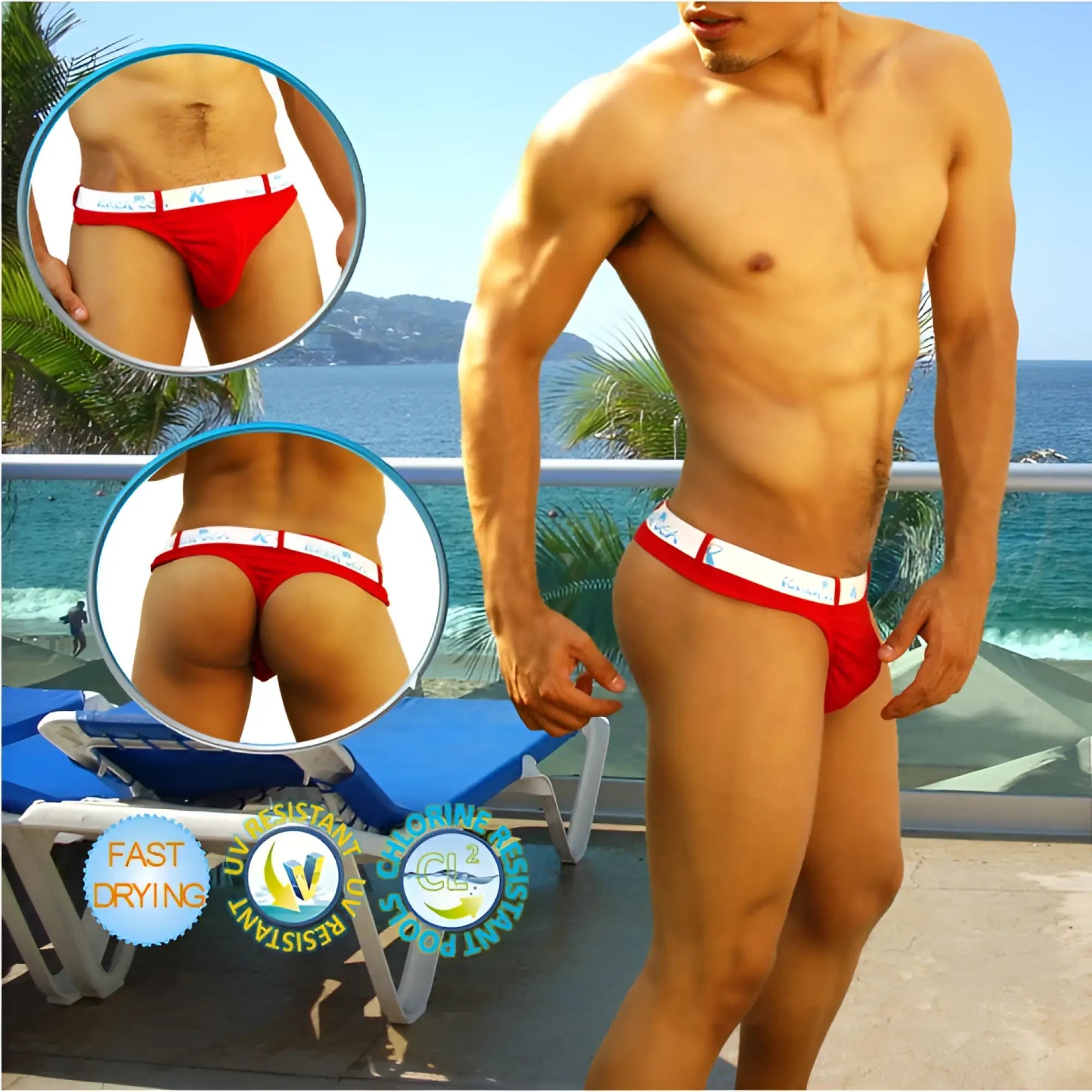 Red icker sea sailor belted logo tanga thong swimwear with white waistband and small logo detail