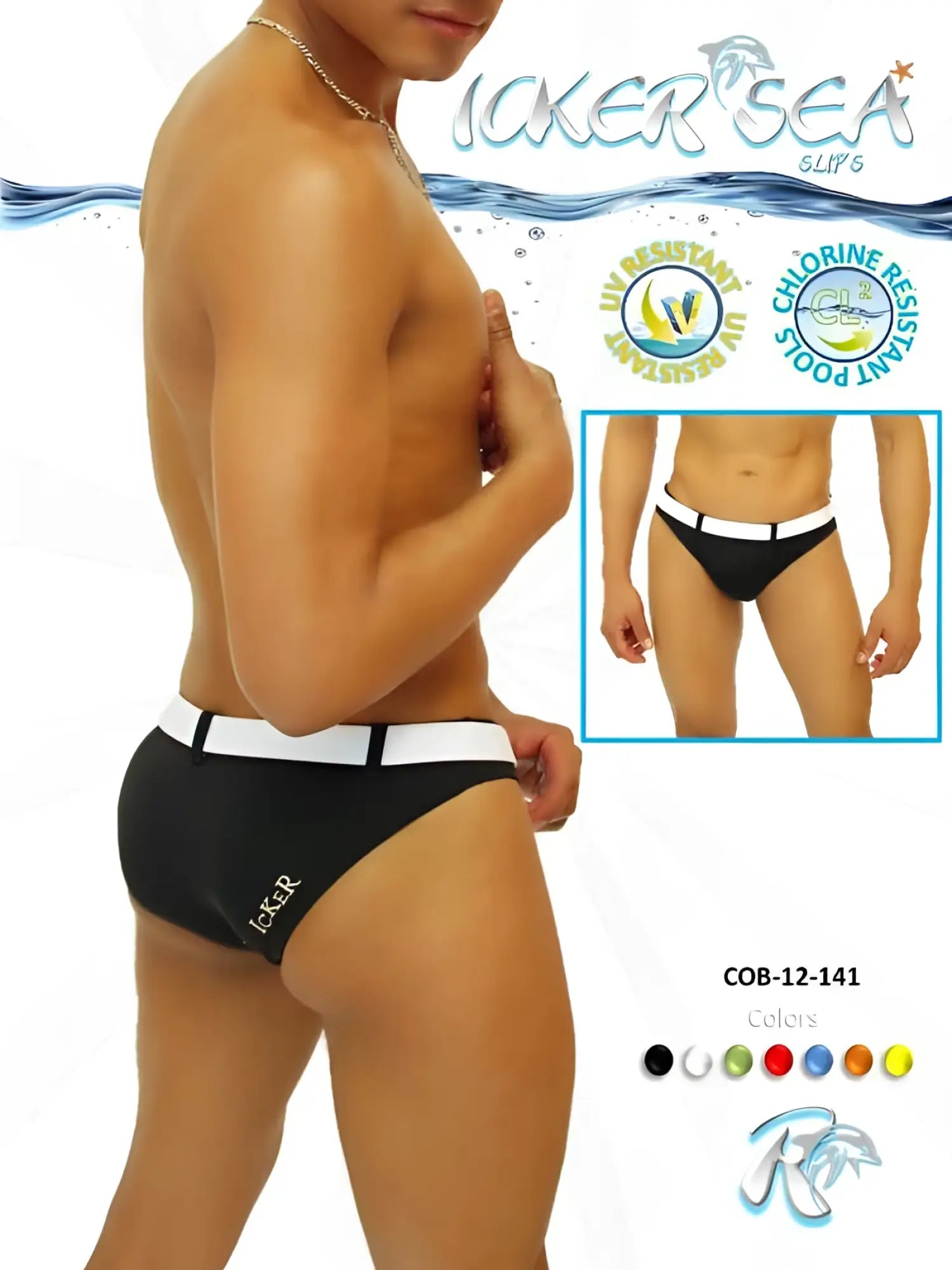 Black icker sea sailor belted slip bikini swimwear with white waistband and embroidered brand name on the side