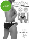 Black and white icker sea men’s swim trunks with white waistband and logo side detail in green white sail belt design