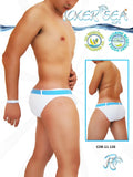 White swim trunks with light blue waistband featuring ticker sea logo and model cob-11-126 for beachwear