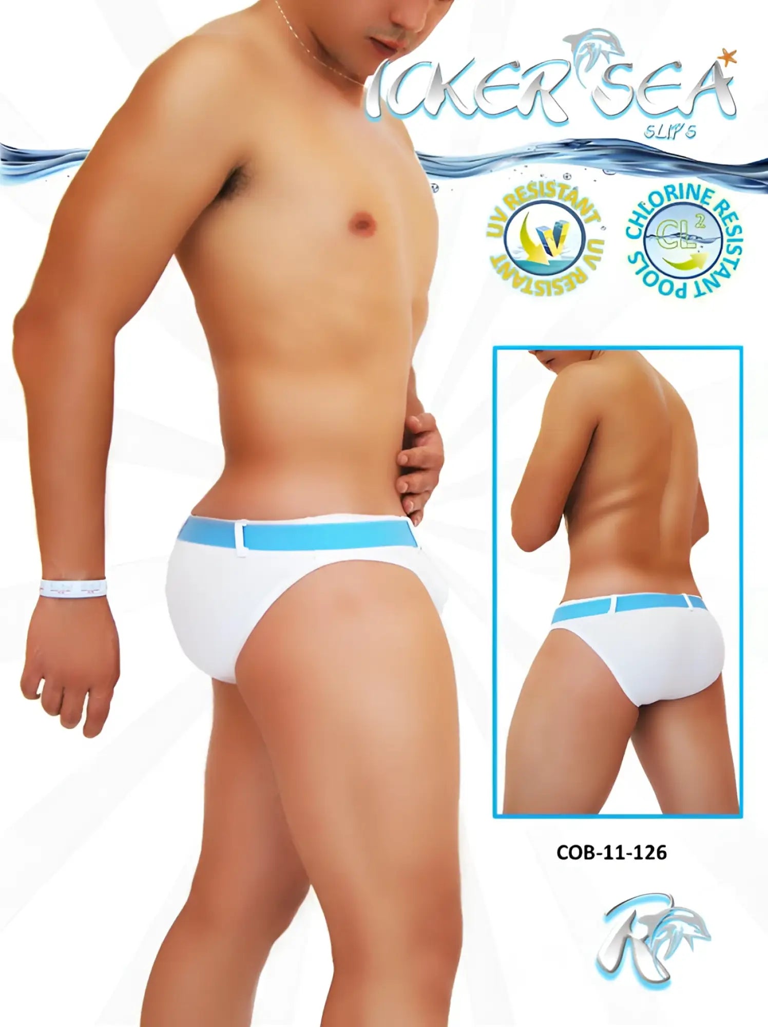 White swim trunks with light blue waistband featuring ticker sea logo and model cob-11-126 for beachwear