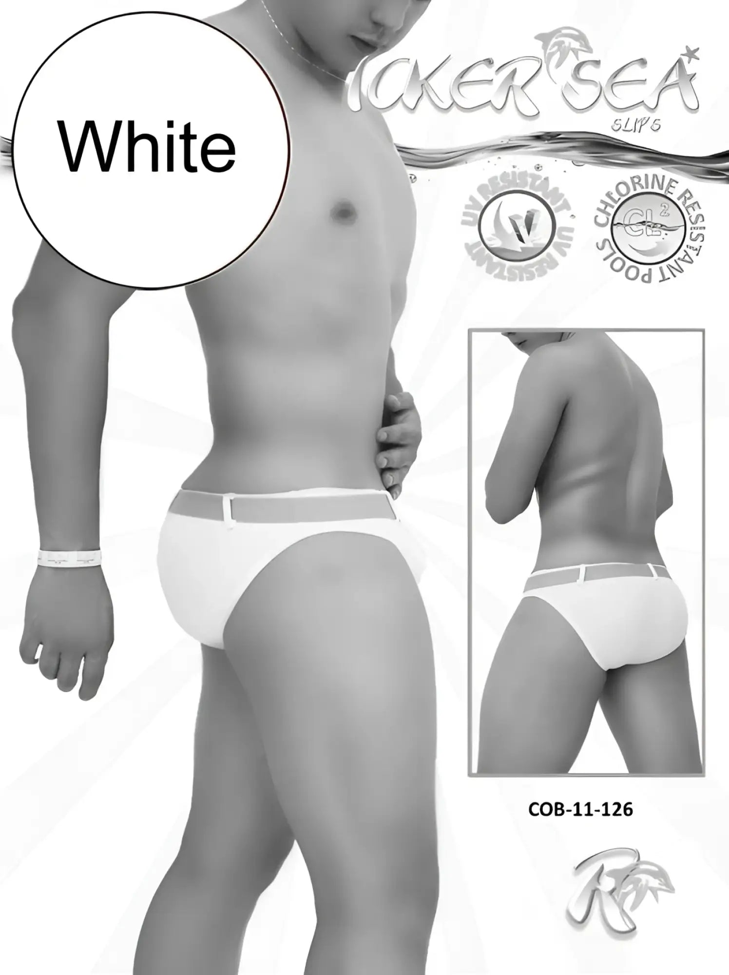 White men’s Icker Sea Sailor Belted Slip Bikini Swimwear with gray waistband and chlorine-resistant fabric