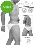 Green men’s swim trunks with white waistband and elasticized leg openings from icker sea sailor belted slip bikini swimwear
