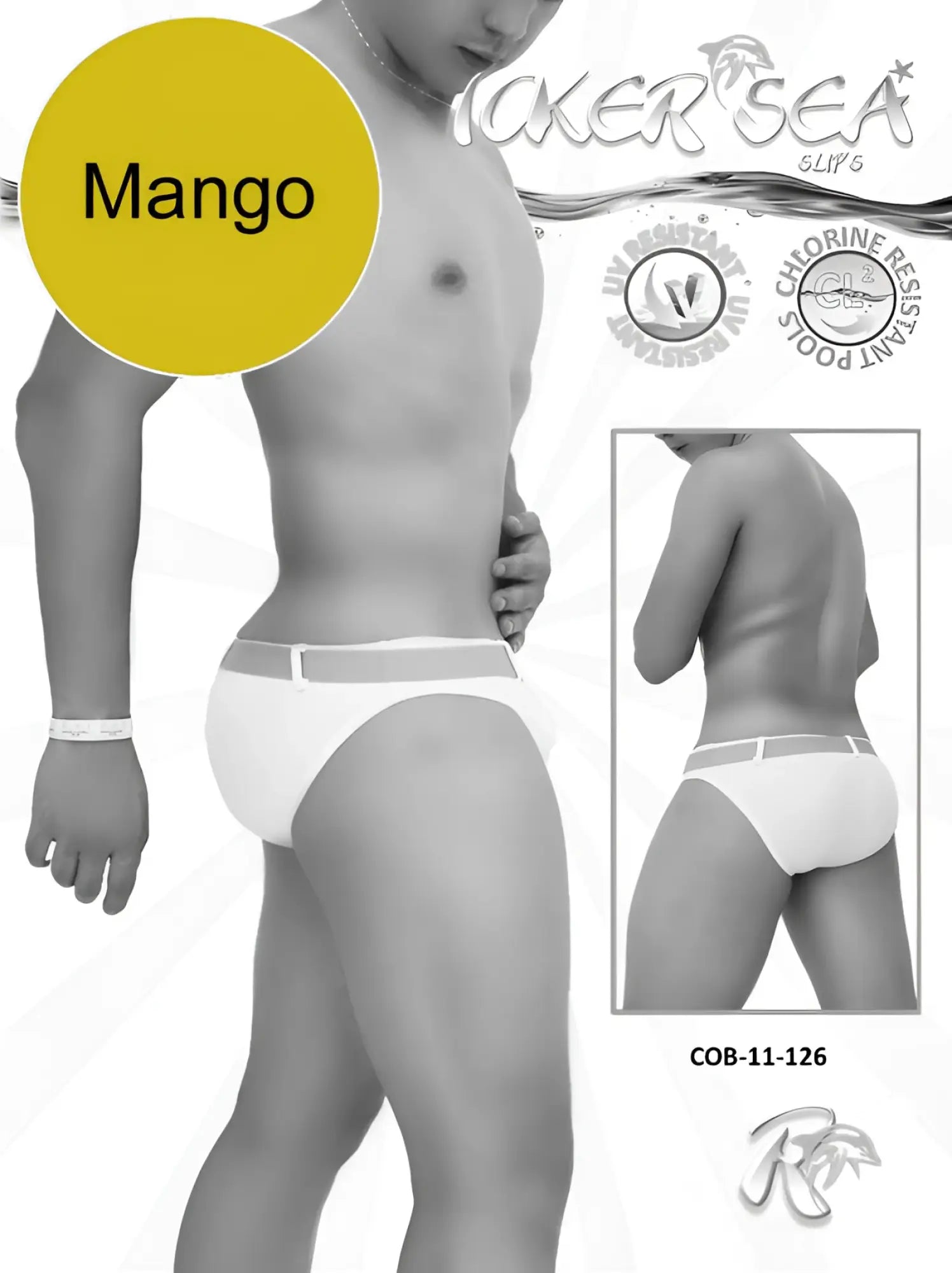 White men’s swim trunks with gray waistband, mango label, chlorine-resistant for pools in icker sea sailor style