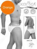 Orange icker sea sailor belted slip bikini swim trunks with white waistband and side stripes for men