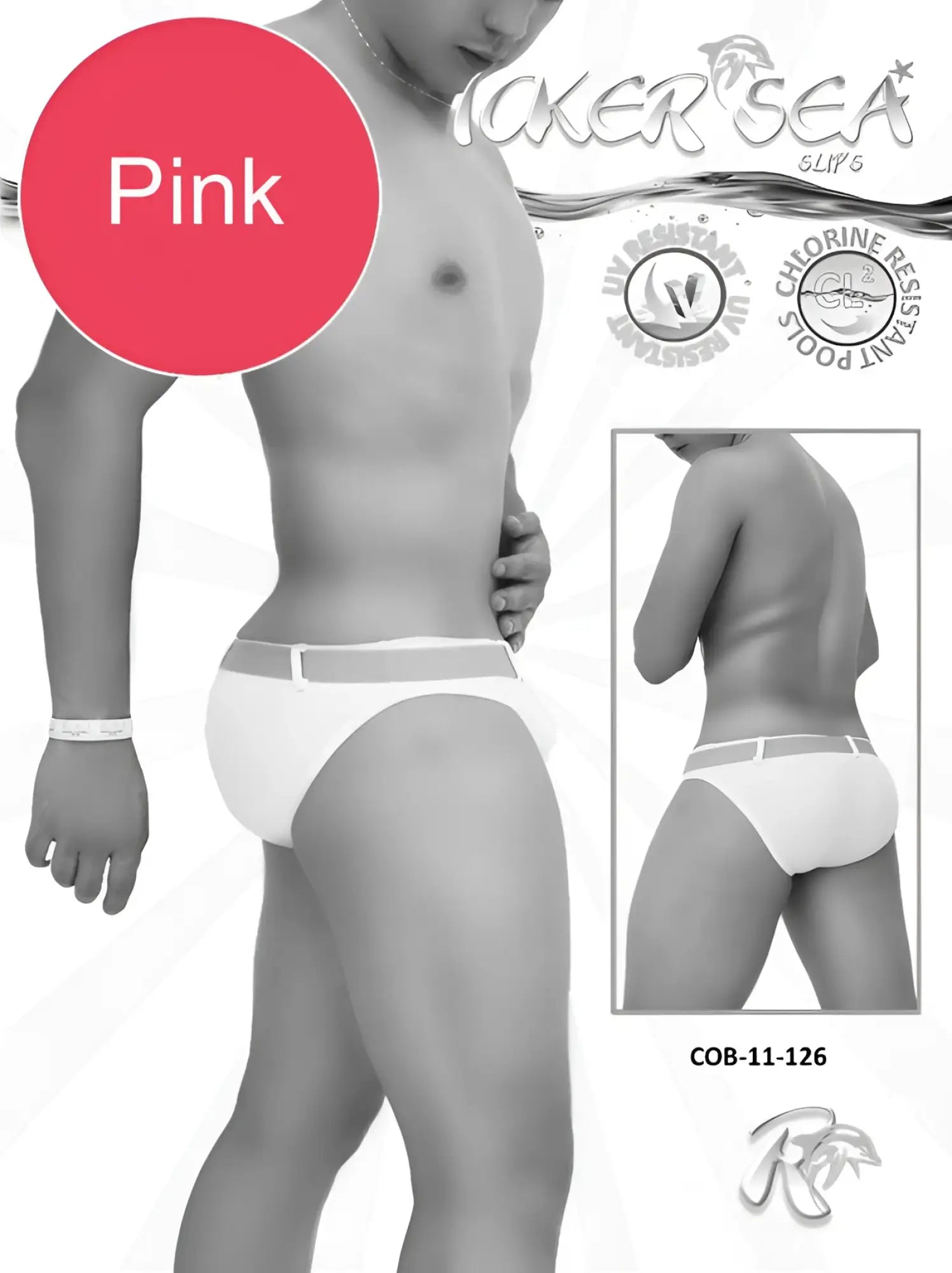 Pink men’s swim trunks with white waistband and elasticized leg openings from icker sea belted slip bikini swimwear