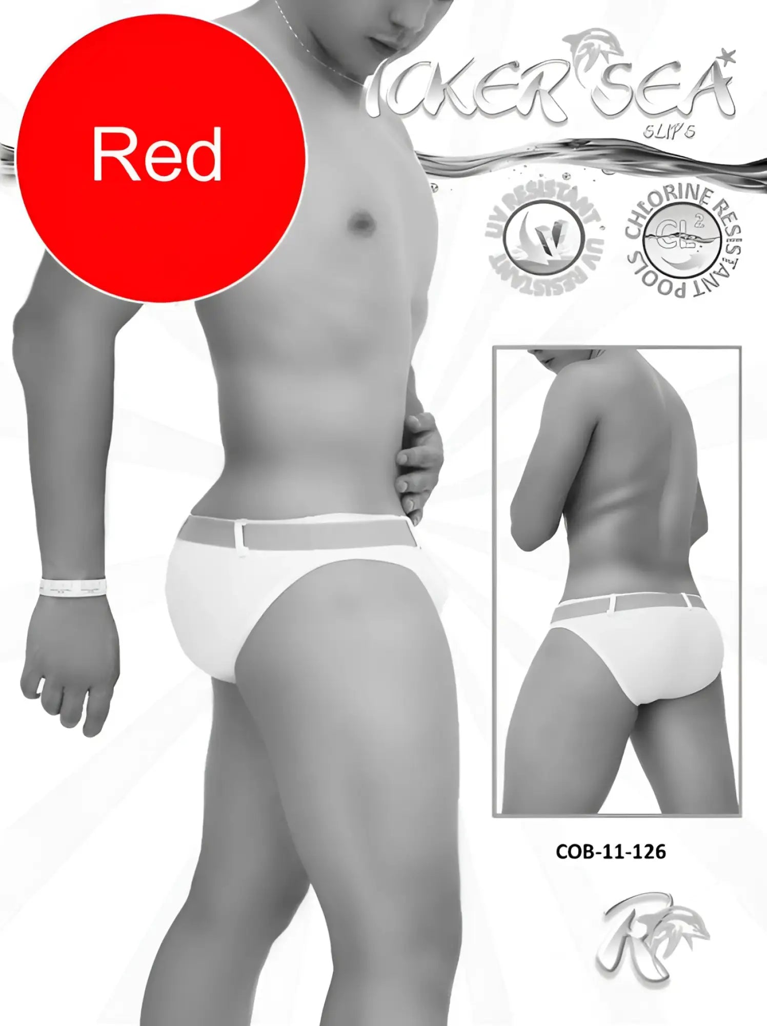 White men’s swim briefs with red waistband featuring ticker sea logo and model cob-11-126 in icker sea sailor swimwear