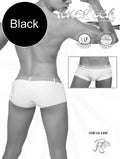 Black men’s icker sea sailor belted square cut swim trunks with white waistband and subtle side branding in black