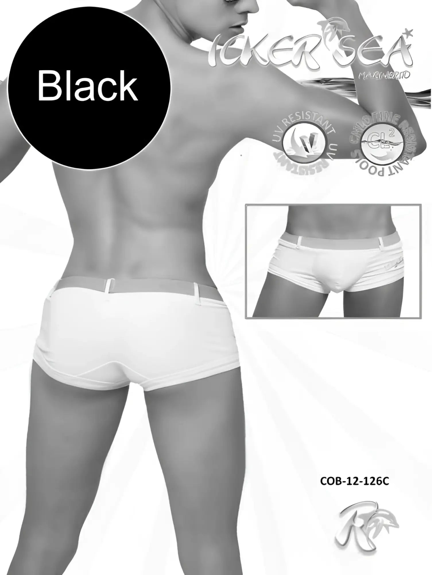 Black men’s icker sea sailor belted square cut swim trunks with white waistband and subtle side branding in black