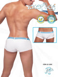 White swim trunks with light blue waistband featuring icker sea logo uv-resistant design sailor belted square cut
