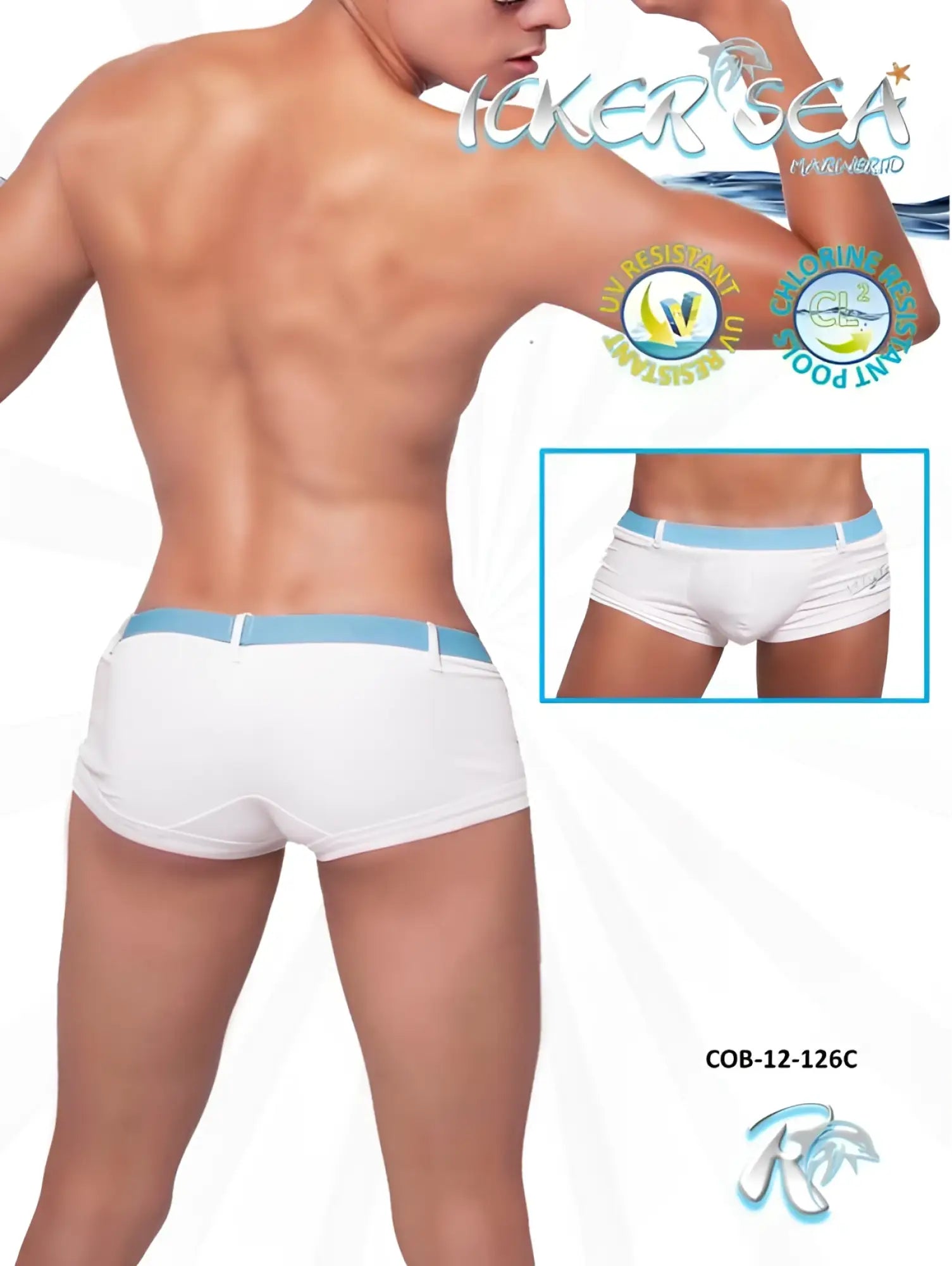 White swim trunks with light blue waistband featuring icker sea logo uv-resistant design sailor belted square cut