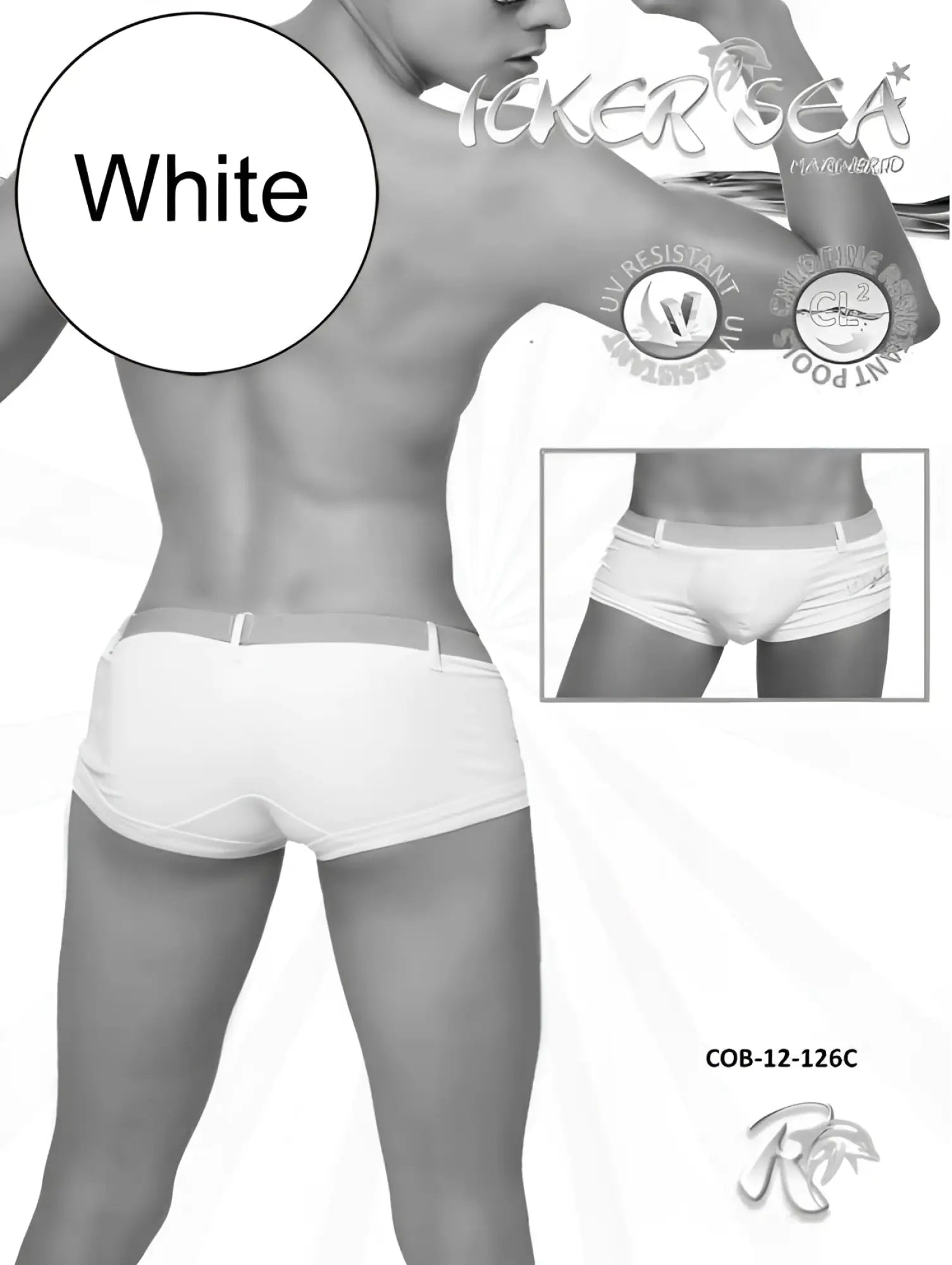 Icker sea sailor belted square cut white men’s swim trunks with sleek fitted design and elastic waistband