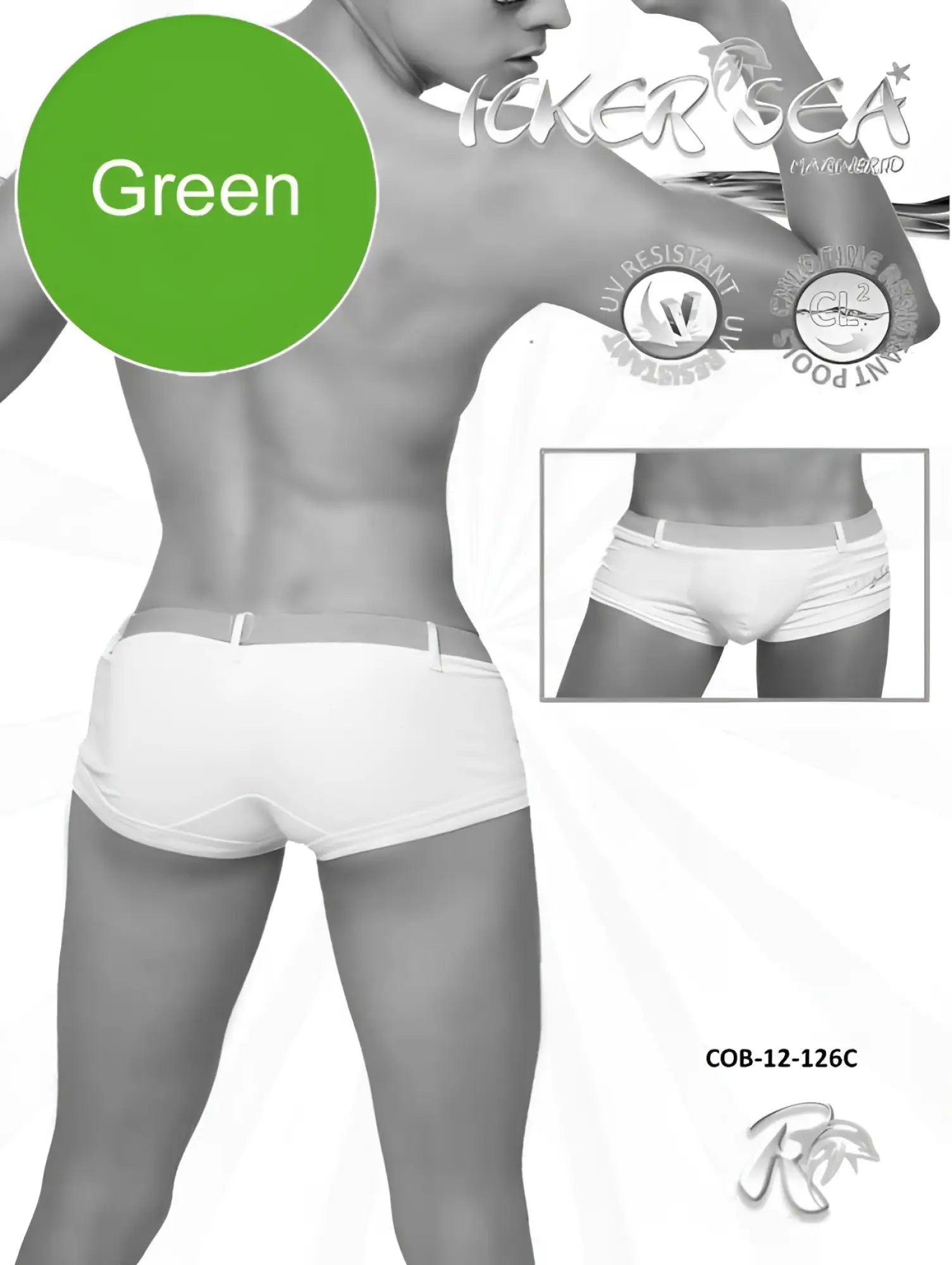 White icker sea sailor belted square cut trunk swimwear with green color indicator circle and brand logo
