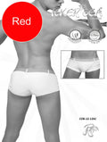 Red men’s swim trunks by icker sea with a sleek white design elastic waistband and side pockets for beachwear