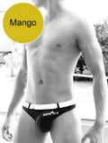 Black Icker Sea Sailor belted tanga thong swimwear with white waistband and exotica logo in black lettering