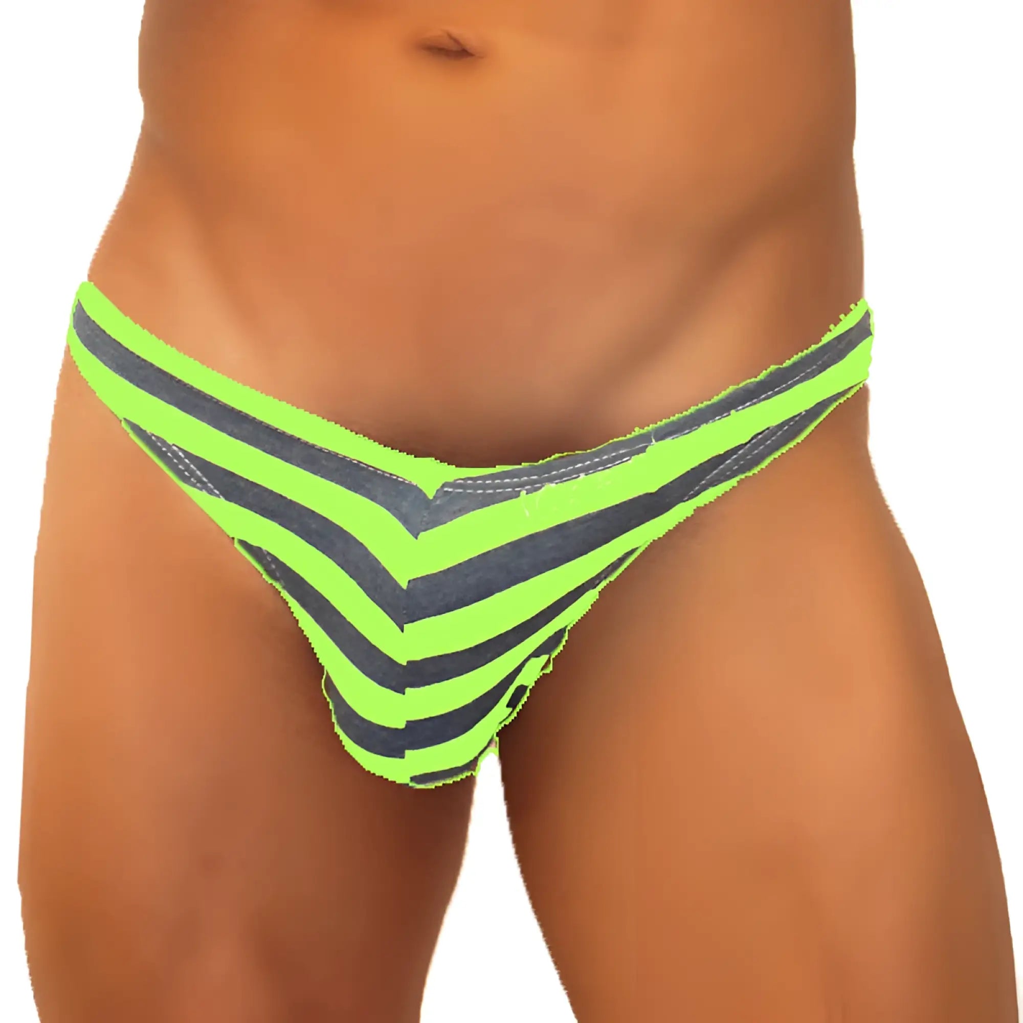 Icker Sea Sailor Stripe bright neon green and dark gray chevron-striped denim-like enhancement c-ring thong underwear