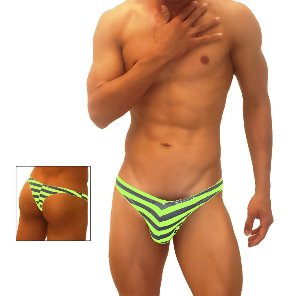 Iker sea sailor stripe enhancement c-ring thong underwear in bright neon green and dark navy blue chevron stripes